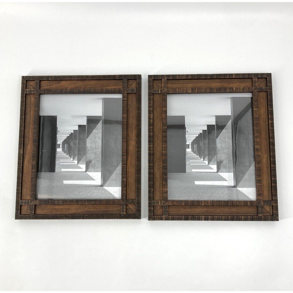 Pair Rustic Dark Brown Wooden Inset Geometric Border Picture Photo Frames 8x10